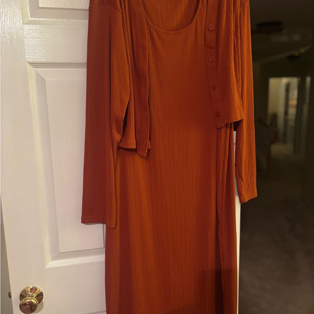 Elegant Rust Dress with Cardigan